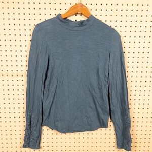 We The Free Free People Grey Slub Cotton Mock Neck Embroidered Sleeve Top Small